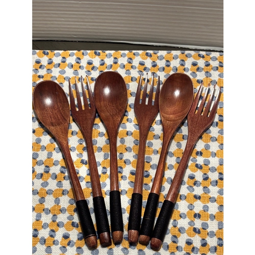 6 Piece Handmade Wooden Spoon and Fork Set Black Cord Wrapped Handles Rustic